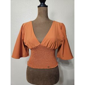 Exit Women’s Rust Orange Deep V-Neck Smocked Waist Cropped Top Size M